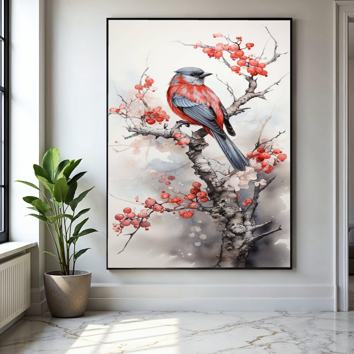 Red and Gray Bird Canvas Art, Winter Berry Branch Painting, Nature Wall Decor, Watercolor Bird Illustration, Gift Art, Home Decor, Print