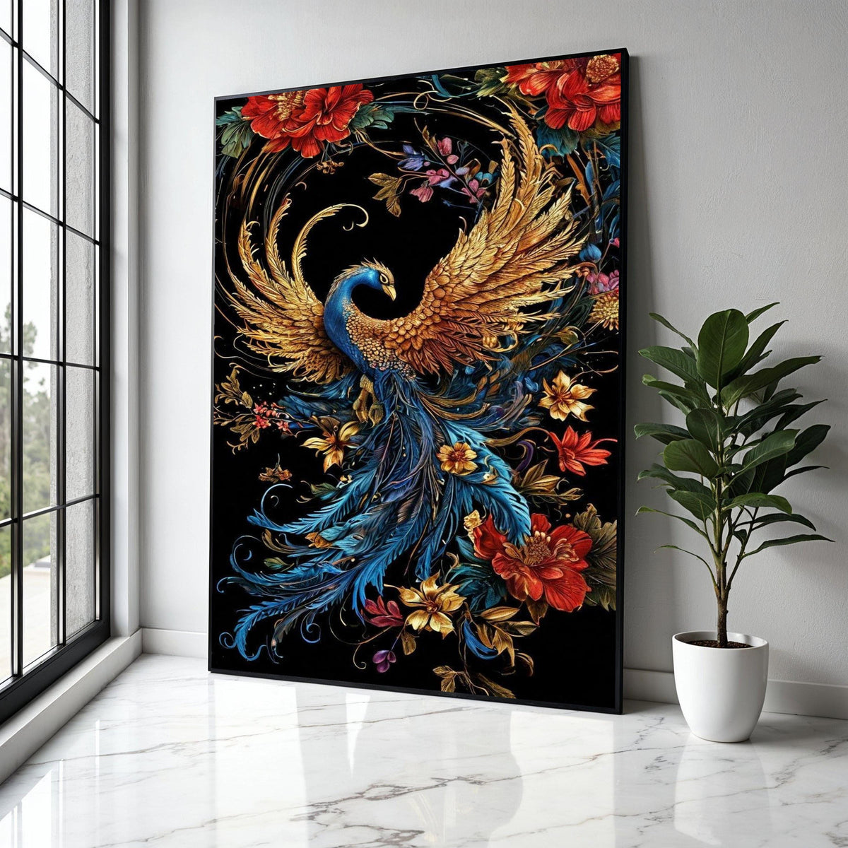 Majestic Golden Peacock Canvas, Elegant Feathered Bird Wall Art, Vibrant Floral Nature Canvas, Ornate Wildlife Gift Art, Home Decor, Print