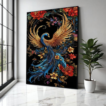 Majestic Golden Peacock Canvas, Elegant Feathered Bird Wall Art, Vibrant Floral Nature Canvas, Ornate Wildlife Gift Art, Home Decor, Print