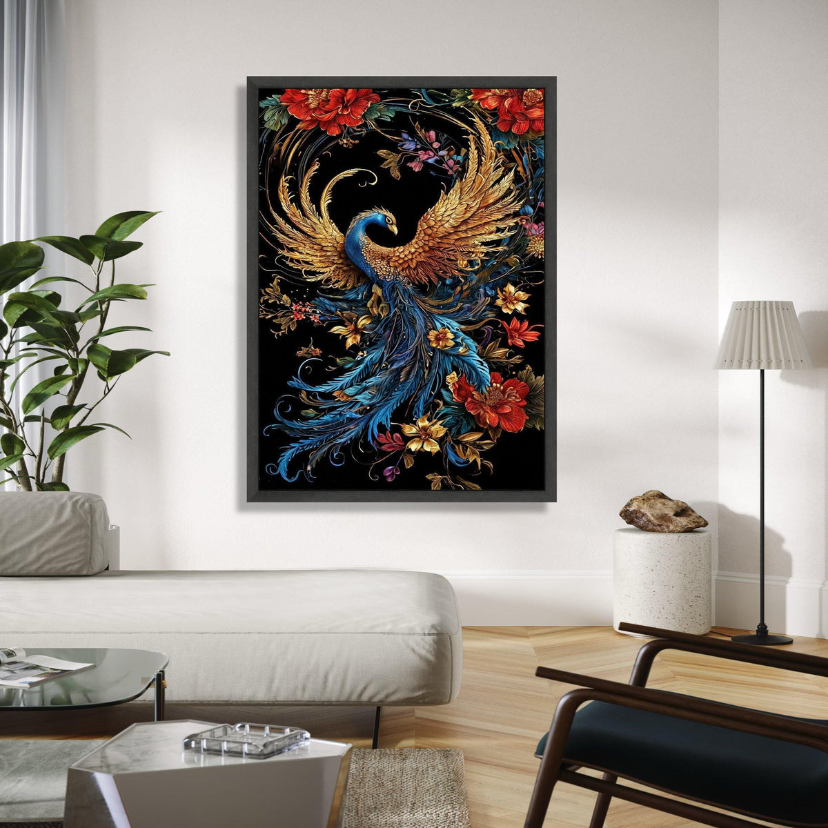 Majestic Golden Peacock Canvas, Elegant Feathered Bird Wall Art, Vibrant Floral Nature Canvas, Ornate Wildlife Gift Art, Home Decor, Print