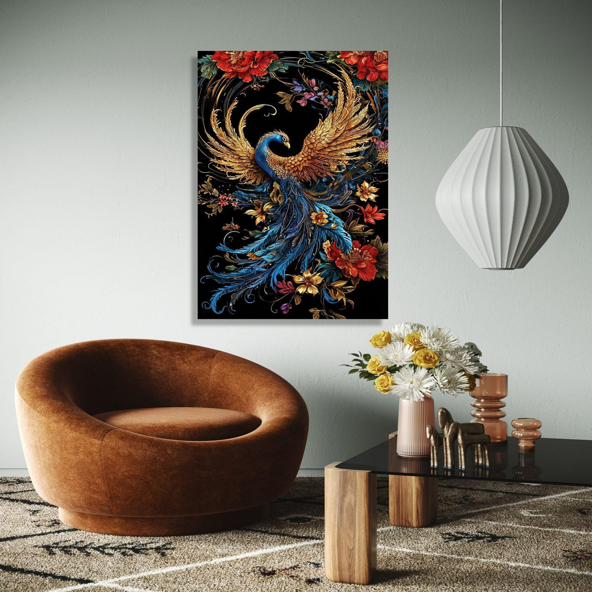 Majestic Golden Peacock Canvas, Elegant Feathered Bird Wall Art, Vibrant Floral Nature Canvas, Ornate Wildlife Gift Art, Home Decor, Print