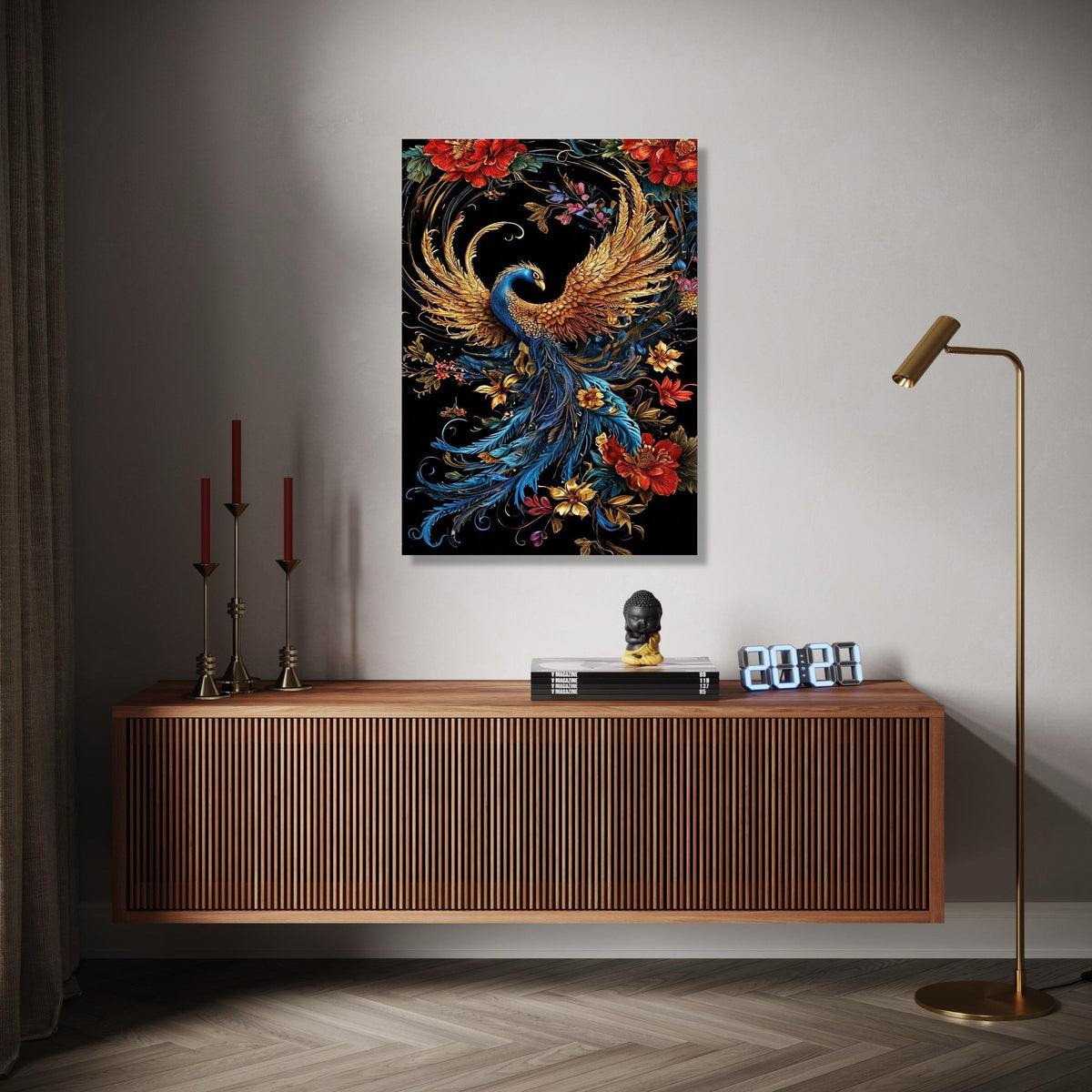 Majestic Golden Peacock Canvas, Elegant Feathered Bird Wall Art, Vibrant Floral Nature Canvas, Ornate Wildlife Gift Art, Home Decor, Print