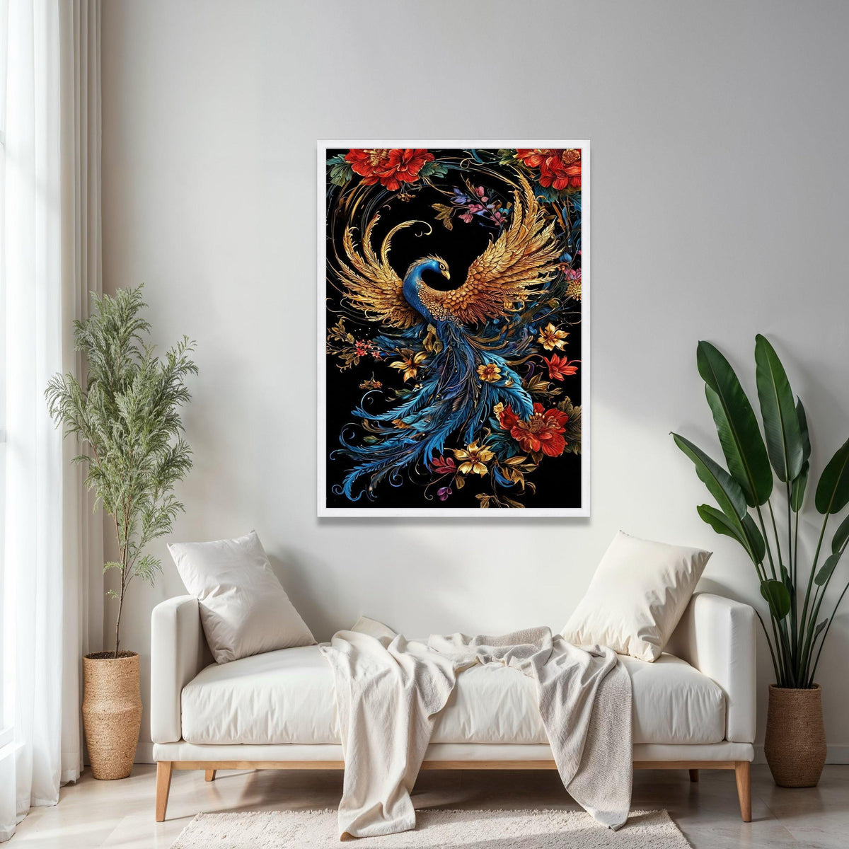 Majestic Golden Peacock Canvas, Elegant Feathered Bird Wall Art, Vibrant Floral Nature Canvas, Ornate Wildlife Gift Art, Home Decor, Print