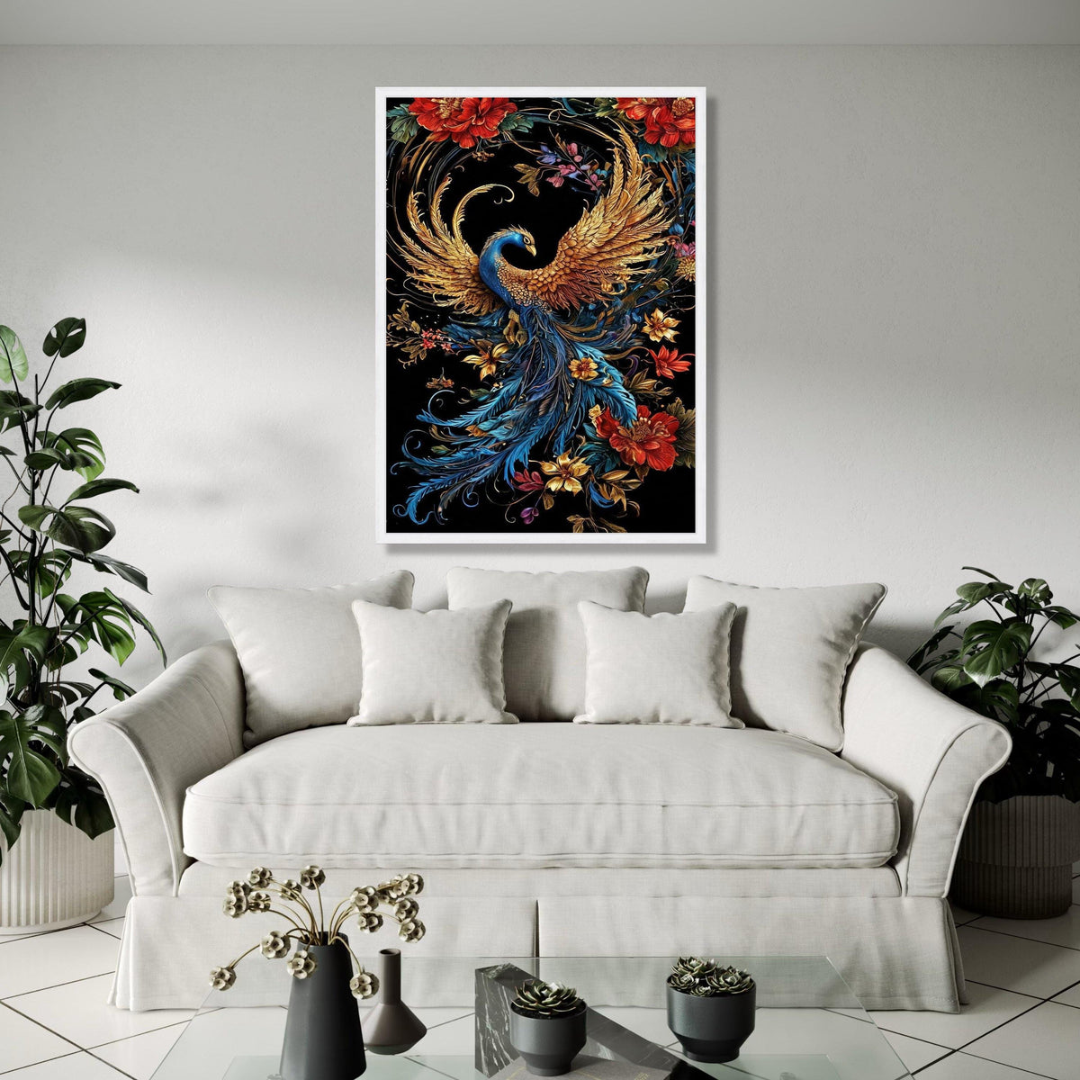 Majestic Golden Peacock Canvas, Elegant Feathered Bird Wall Art, Vibrant Floral Nature Canvas, Ornate Wildlife Gift Art, Home Decor, Print