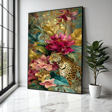 Majestic Leopard Among Vibrant Flowers Canvas, Exotic Jungle Wall Art, Tropical Floral Design, Wildlife Home Gift Art, Home Decor, Print