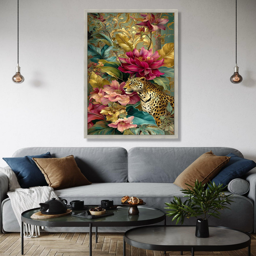 Majestic Leopard Among Vibrant Flowers Canvas, Exotic Jungle Wall Art, Tropical Floral Design, Wildlife Home Gift Art, Home Decor, Print