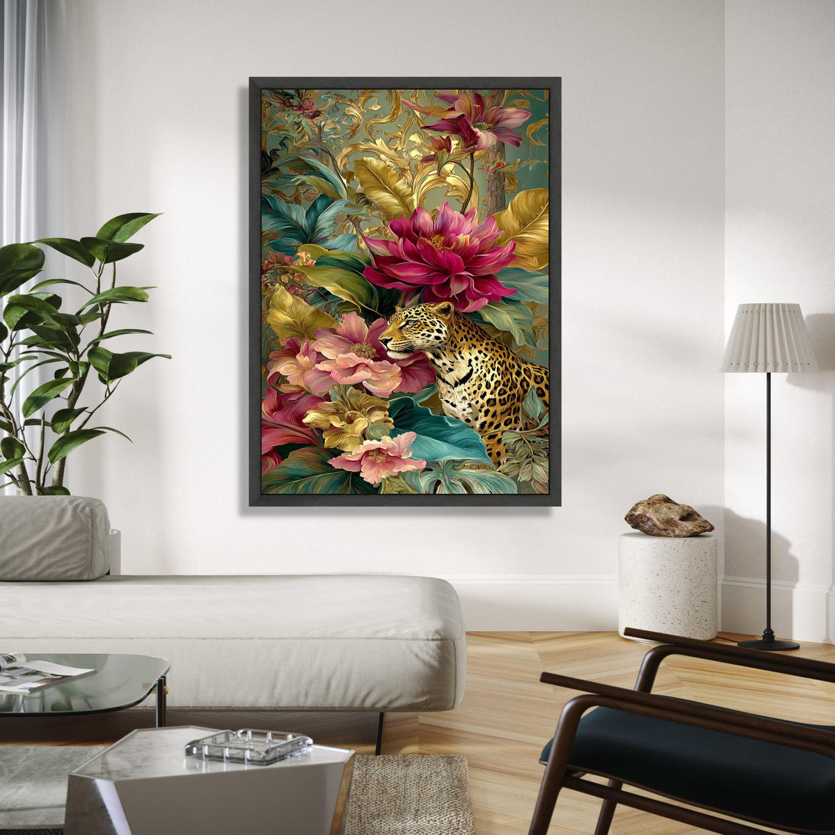 Majestic Leopard Among Vibrant Flowers Canvas, Exotic Jungle Wall Art, Tropical Floral Design, Wildlife Home Gift Art, Home Decor, Print