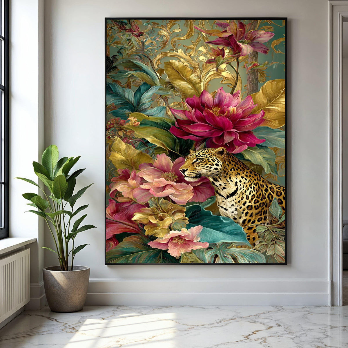 Majestic Leopard Among Vibrant Flowers Canvas, Exotic Jungle Wall Art, Tropical Floral Design, Wildlife Home Gift Art, Home Decor, Print