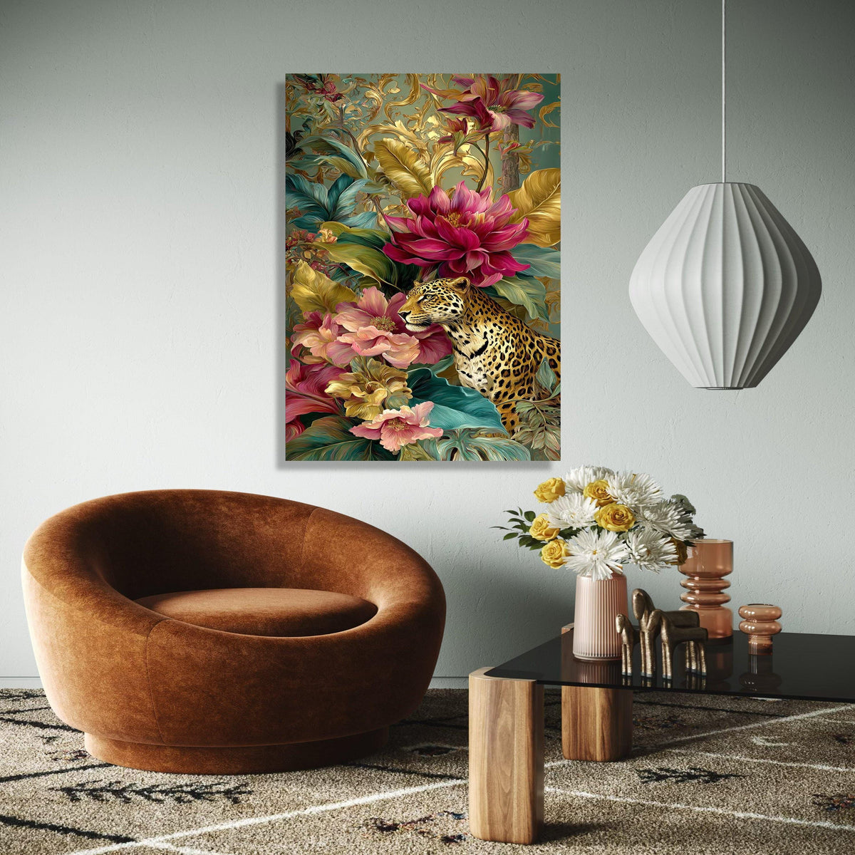 Majestic Leopard Among Vibrant Flowers Canvas, Exotic Jungle Wall Art, Tropical Floral Design, Wildlife Home Gift Art, Home Decor, Print