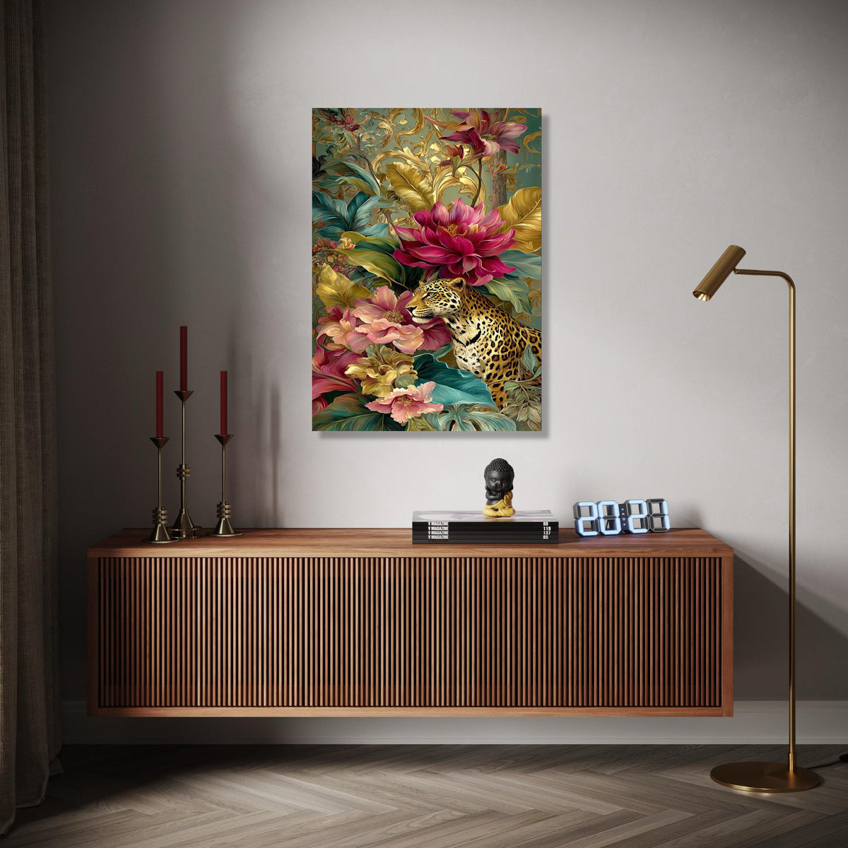 Majestic Leopard Among Vibrant Flowers Canvas, Exotic Jungle Wall Art, Tropical Floral Design, Wildlife Home Gift Art, Home Decor, Print
