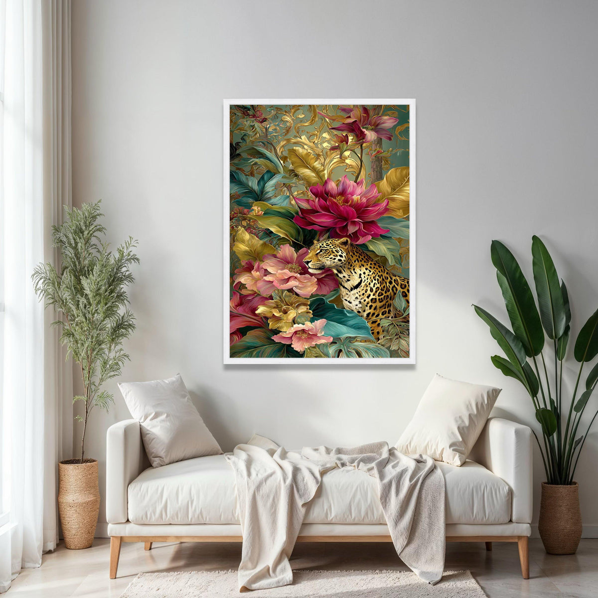 Majestic Leopard Among Vibrant Flowers Canvas, Exotic Jungle Wall Art, Tropical Floral Design, Wildlife Home Gift Art, Home Decor, Print