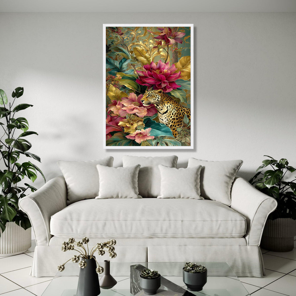 Majestic Leopard Among Vibrant Flowers Canvas, Exotic Jungle Wall Art, Tropical Floral Design, Wildlife Home Gift Art, Home Decor, Print