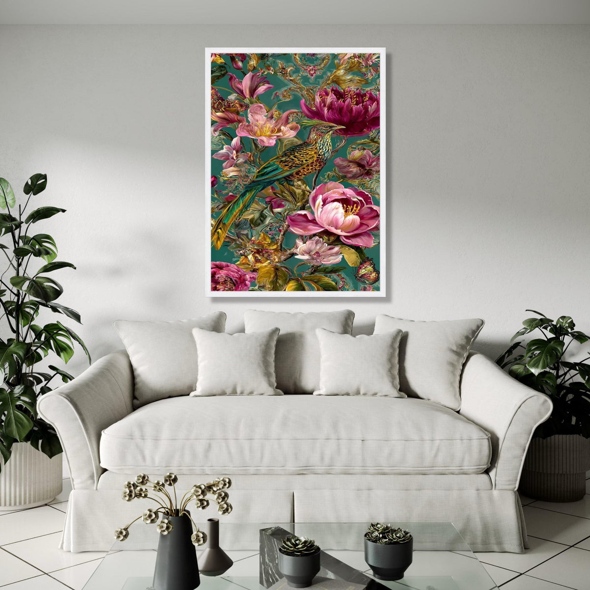 Exotic Bird and Floral Canvas Wall Art, Tropical Flowers Painting, Botanical Nature Artwork, Vibrant Home Decor Gift Art, Home Decor, Print