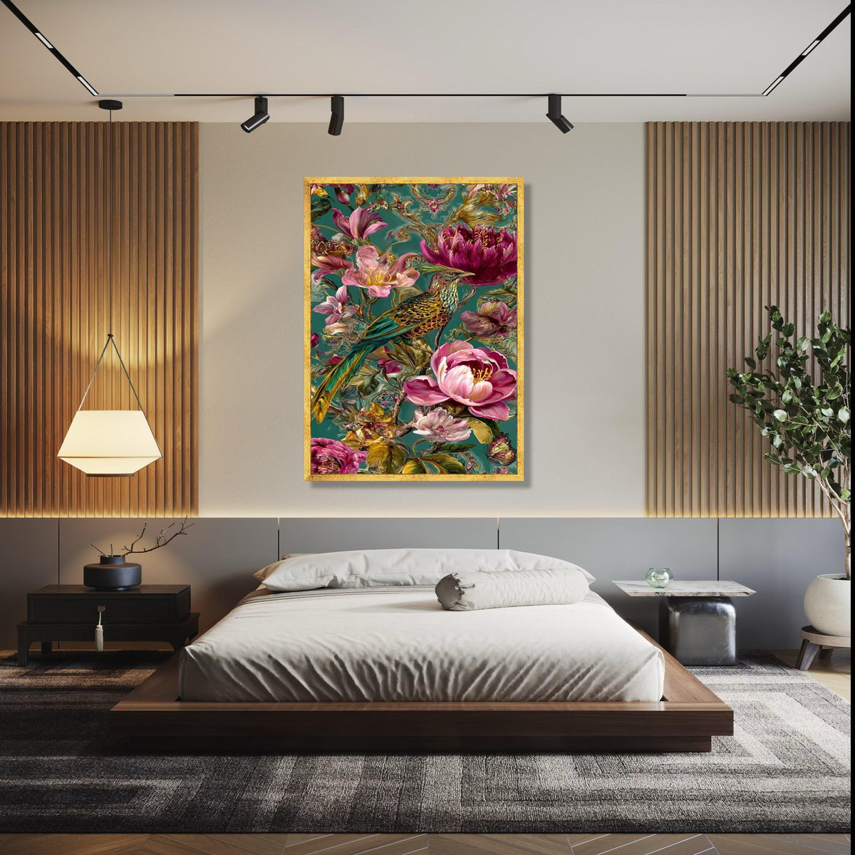 Exotic Bird and Floral Canvas Wall Art, Tropical Flowers Painting, Botanical Nature Artwork, Vibrant Home Decor Gift Art, Home Decor, Print