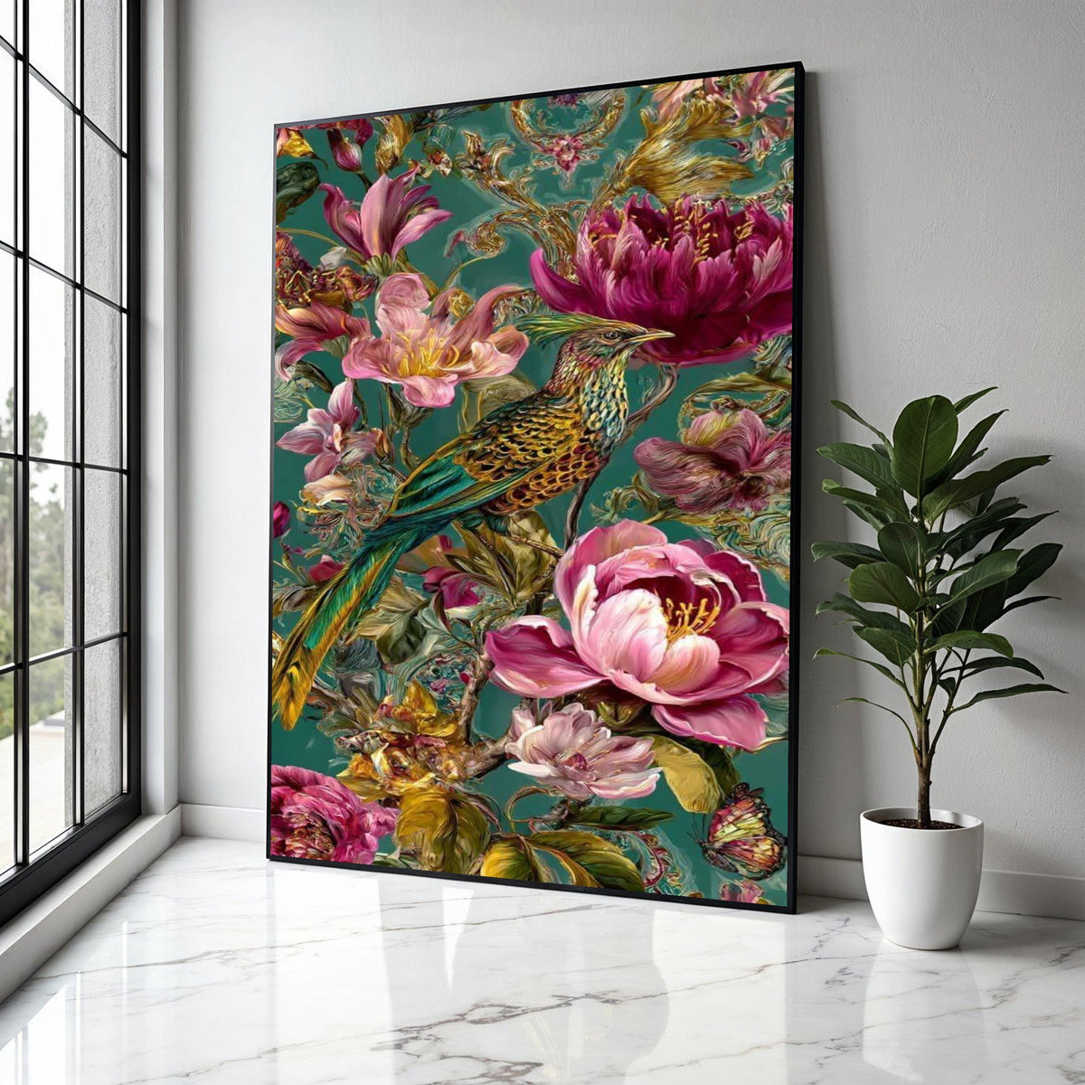 Exotic Bird and Floral Canvas Wall Art, Tropical Flowers Painting, Botanical Nature Artwork, Vibrant Home Decor Gift Art, Home Decor, Print