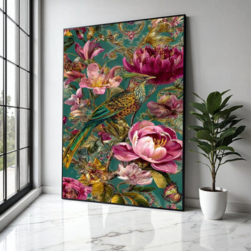 Exotic Bird and Floral Canvas Wall Art, Tropical Flowers Painting, Botanical Nature Artwork, Vibrant Home Decor Gift Art, Home Decor, Print