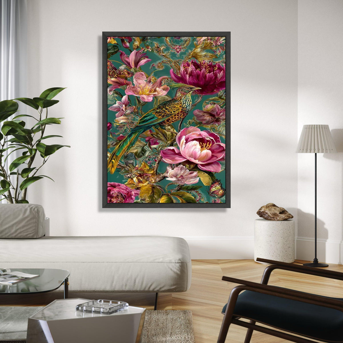 Exotic Bird and Floral Canvas Wall Art, Tropical Flowers Painting, Botanical Nature Artwork, Vibrant Home Decor Gift Art, Home Decor, Print