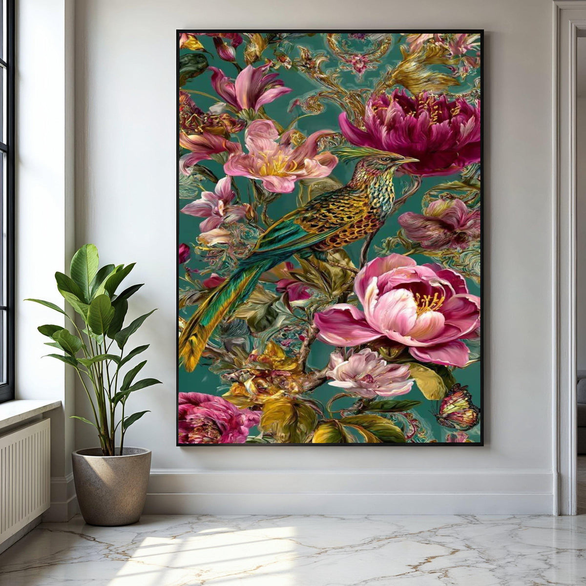 Exotic Bird and Floral Canvas Wall Art, Tropical Flowers Painting, Botanical Nature Artwork, Vibrant Home Decor Gift Art, Home Decor, Print