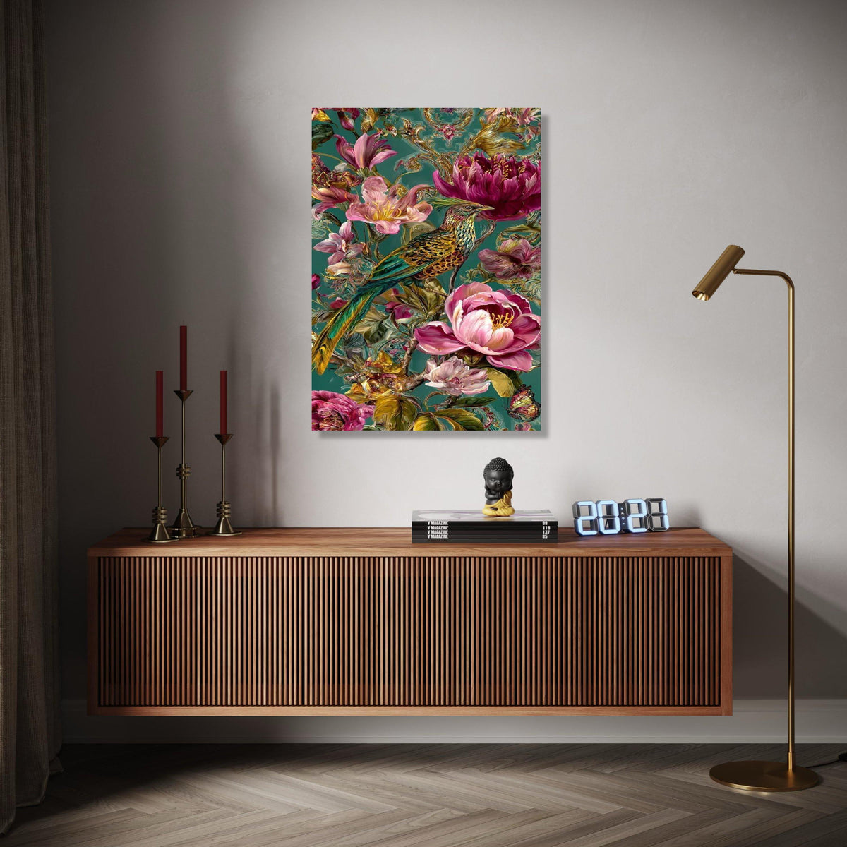 Exotic Bird and Floral Canvas Wall Art, Tropical Flowers Painting, Botanical Nature Artwork, Vibrant Home Decor Gift Art, Home Decor, Print