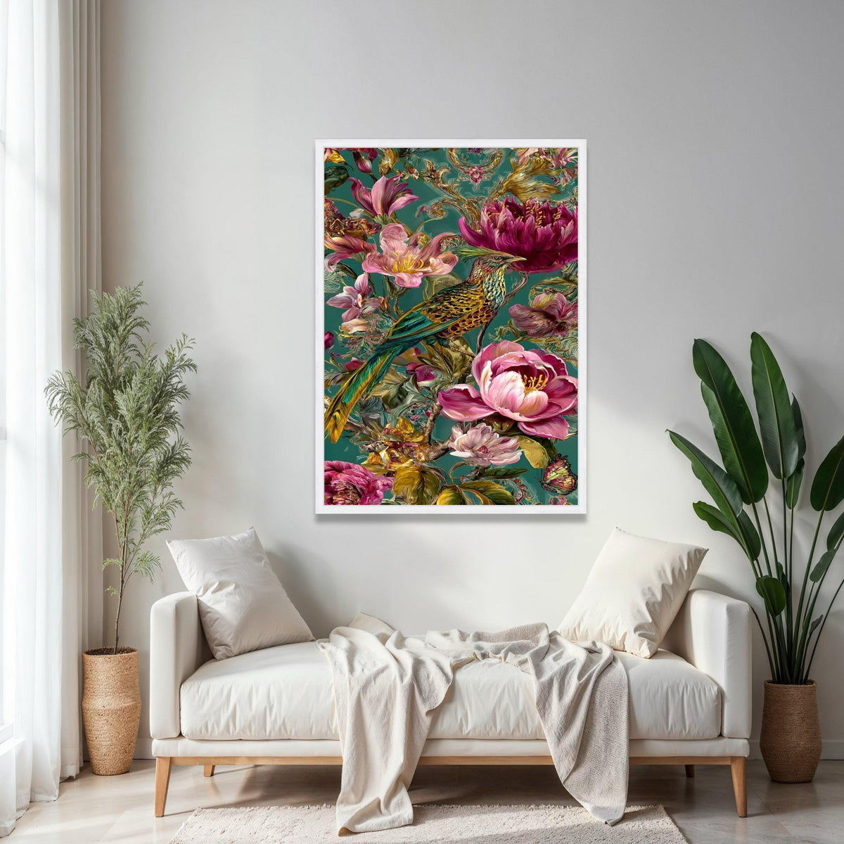 Exotic Bird and Floral Canvas Wall Art, Tropical Flowers Painting, Botanical Nature Artwork, Vibrant Home Decor Gift Art, Home Decor, Print