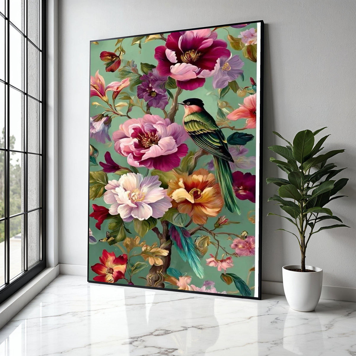 Vibrant Tropical Bird Canvas, Colorful Floral Wall Art, Exotic Flowers Painting, Green Background Canvas, Nature Gift Art, Home Decor, Print