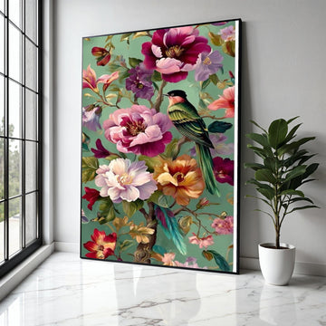 Vibrant Tropical Bird Canvas, Colorful Floral Wall Art, Exotic Flowers Painting, Green Background Canvas, Nature Gift Art, Home Decor, Print