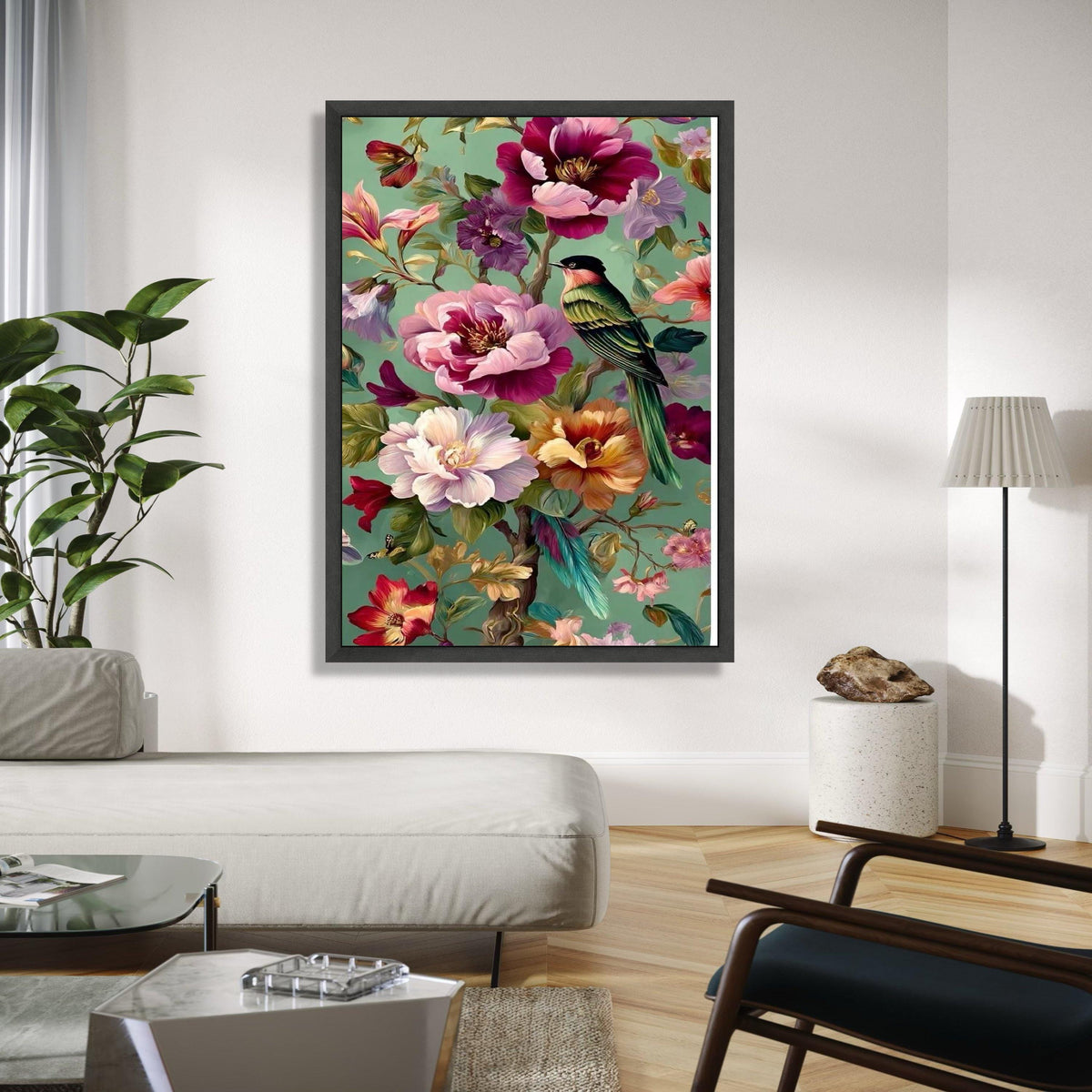 Vibrant Tropical Bird Canvas, Colorful Floral Wall Art, Exotic Flowers Painting, Green Background Canvas, Nature Gift Art, Home Decor, Print