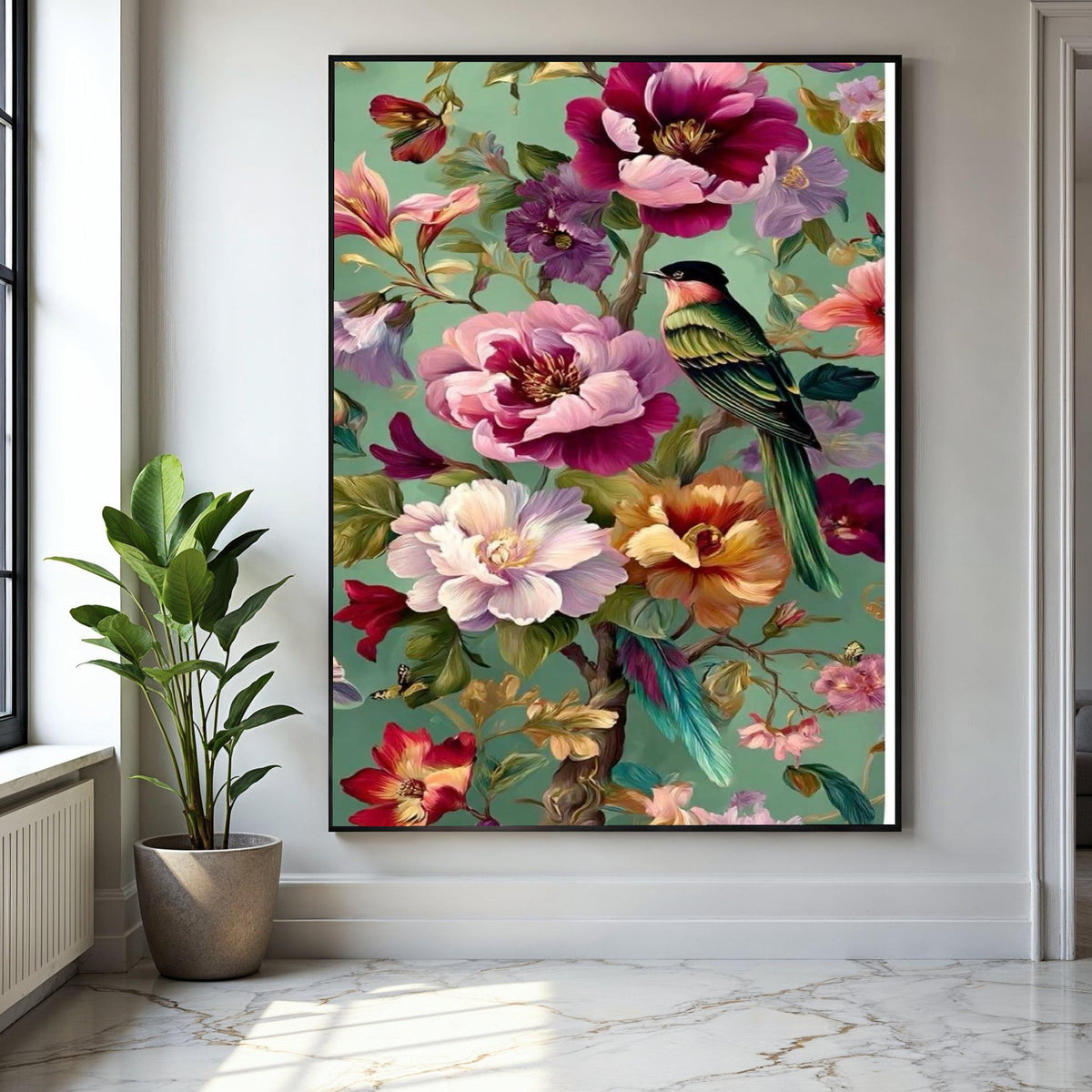 Vibrant Tropical Bird Canvas, Colorful Floral Wall Art, Exotic Flowers Painting, Green Background Canvas, Nature Gift Art, Home Decor, Print