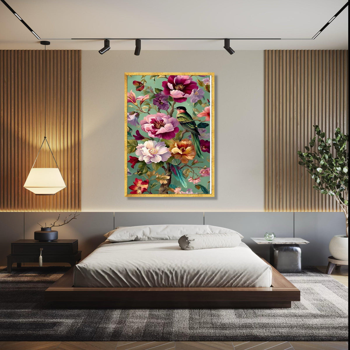 Vibrant Tropical Bird Canvas, Colorful Floral Wall Art, Exotic Flowers Painting, Green Background Canvas, Nature Gift Art, Home Decor, Print