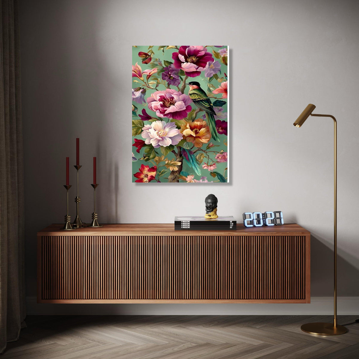 Vibrant Tropical Bird Canvas, Colorful Floral Wall Art, Exotic Flowers Painting, Green Background Canvas, Nature Gift Art, Home Decor, Print