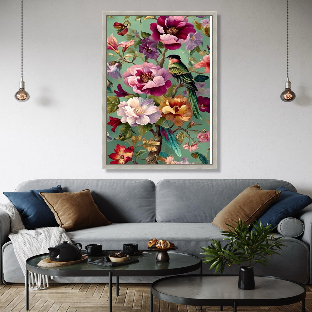Vibrant Tropical Bird Canvas, Colorful Floral Wall Art, Exotic Flowers Painting, Green Background Canvas, Nature Gift Art, Home Decor, Print
