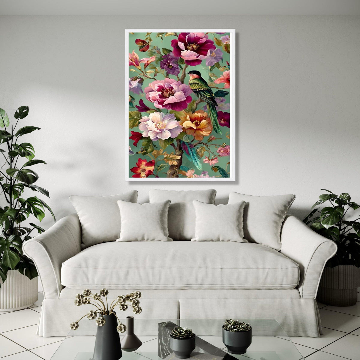 Vibrant Tropical Bird Canvas, Colorful Floral Wall Art, Exotic Flowers Painting, Green Background Canvas, Nature Gift Art, Home Decor, Print