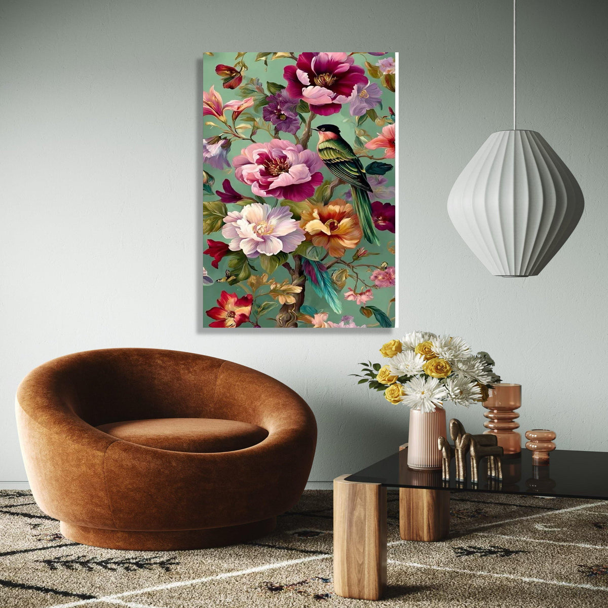 Vibrant Tropical Bird Canvas, Colorful Floral Wall Art, Exotic Flowers Painting, Green Background Canvas, Nature Gift Art, Home Decor, Print