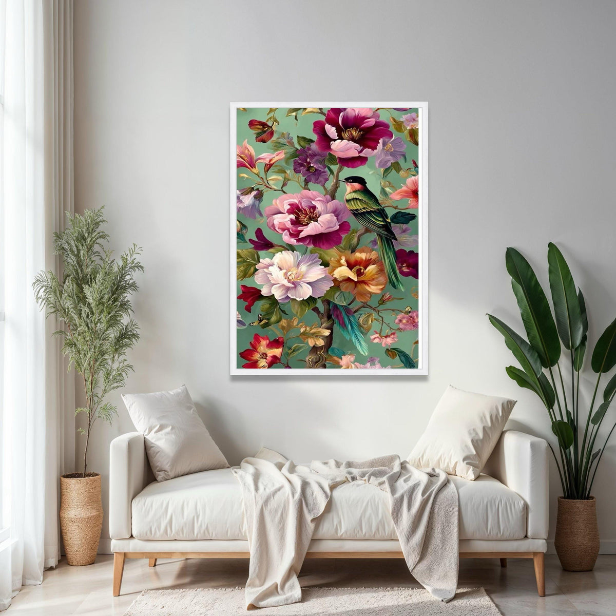 Vibrant Tropical Bird Canvas, Colorful Floral Wall Art, Exotic Flowers Painting, Green Background Canvas, Nature Gift Art, Home Decor, Print