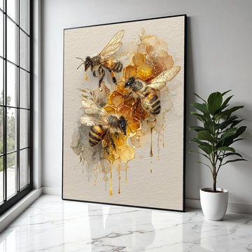 Honeybee Trio with Honeycomb Canvas Wall Art, Bee Illustration Print, Nature-Inspired Home Decoration, Gift Art, Home Decor, Print