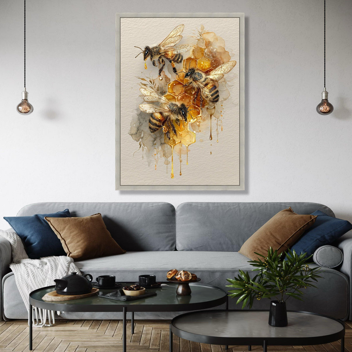 Honeybee Trio with Honeycomb Canvas Wall Art, Bee Illustration Print, Nature-Inspired Home Decoration, Gift Art, Home Decor, Print
