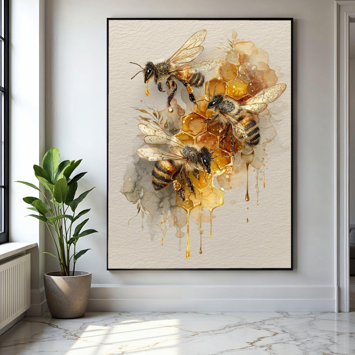 Honeybee Trio with Honeycomb Canvas Wall Art, Bee Illustration Print, Nature-Inspired Home Decoration, Gift Art, Home Decor, Print