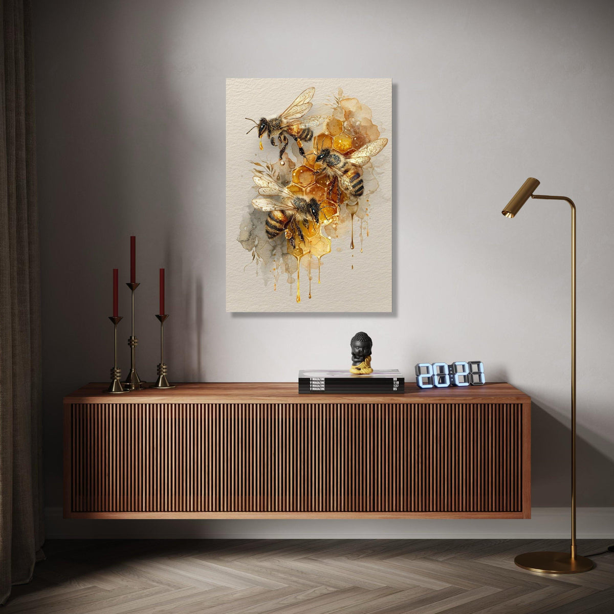 Honeybee Trio with Honeycomb Canvas Wall Art, Bee Illustration Print, Nature-Inspired Home Decoration, Gift Art, Home Decor, Print
