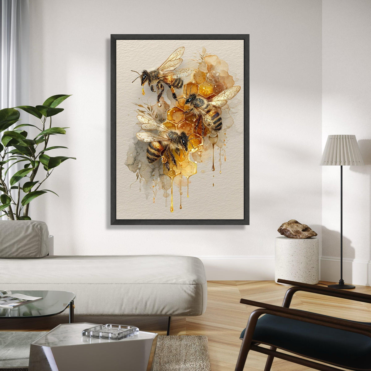 Honeybee Trio with Honeycomb Canvas Wall Art, Bee Illustration Print, Nature-Inspired Home Decoration, Gift Art, Home Decor, Print