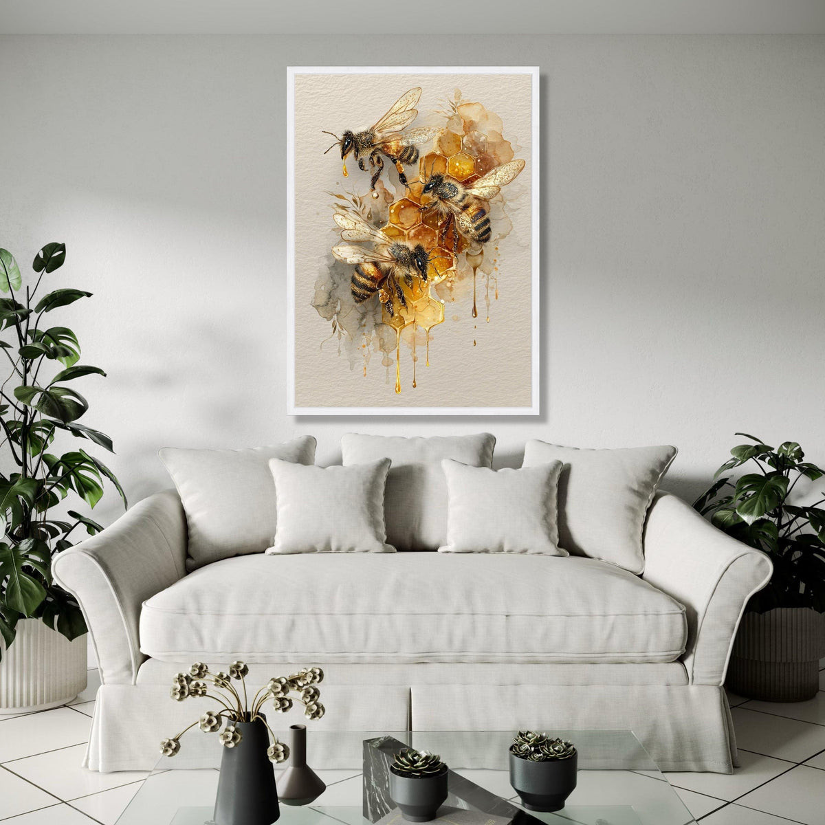 Honeybee Trio with Honeycomb Canvas Wall Art, Bee Illustration Print, Nature-Inspired Home Decoration, Gift Art, Home Decor, Print