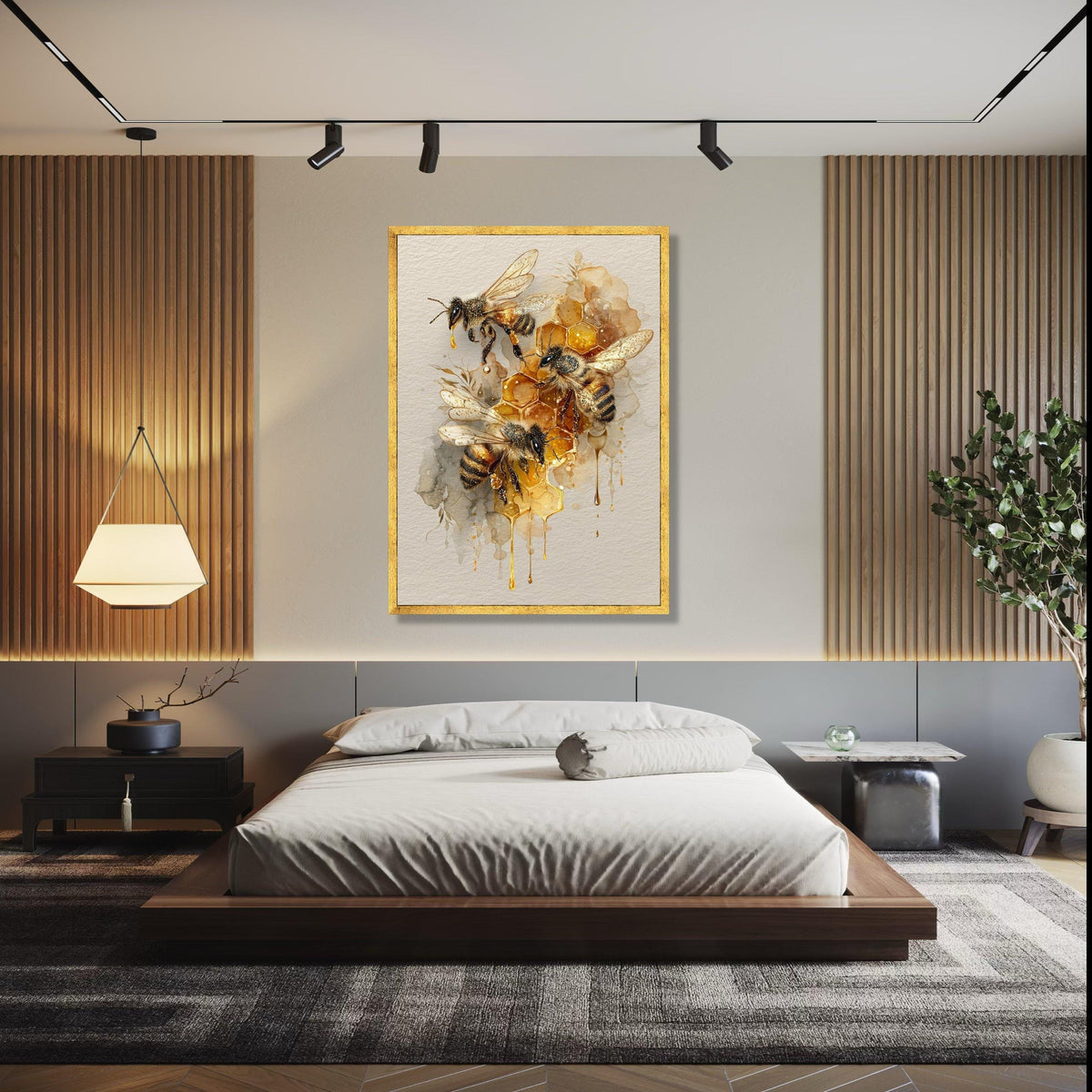 Honeybee Trio with Honeycomb Canvas Wall Art, Bee Illustration Print, Nature-Inspired Home Decoration, Gift Art, Home Decor, Print