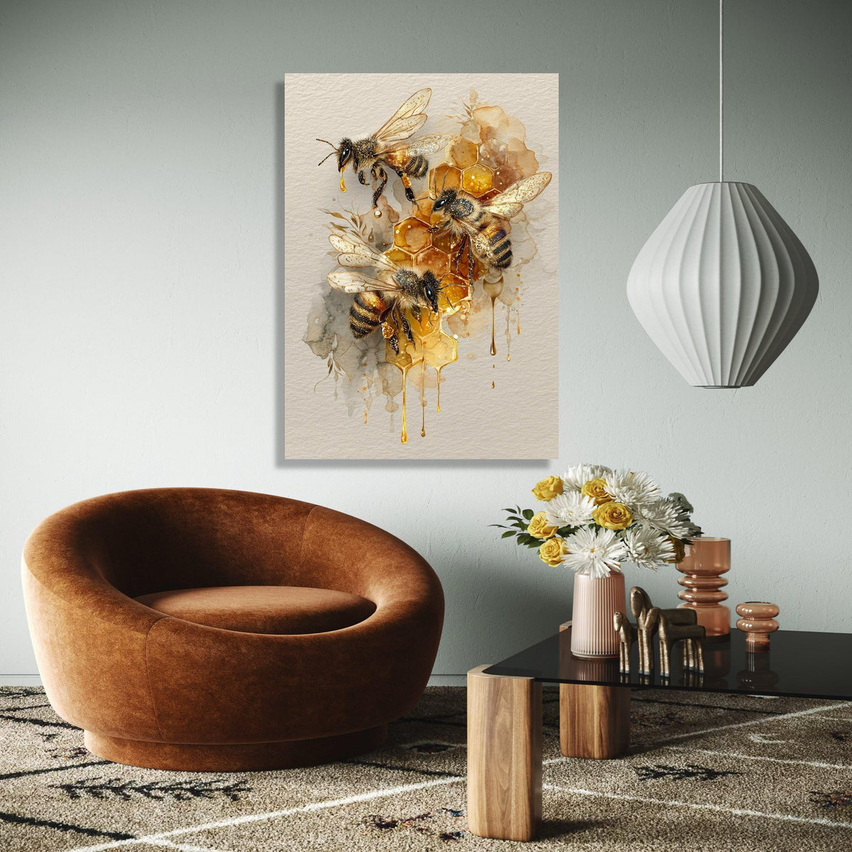 Honeybee Trio with Honeycomb Canvas Wall Art, Bee Illustration Print, Nature-Inspired Home Decoration, Gift Art, Home Decor, Print