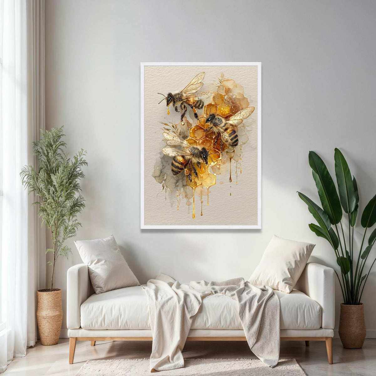 Honeybee Trio with Honeycomb Canvas Wall Art, Bee Illustration Print, Nature-Inspired Home Decoration, Gift Art, Home Decor, Print