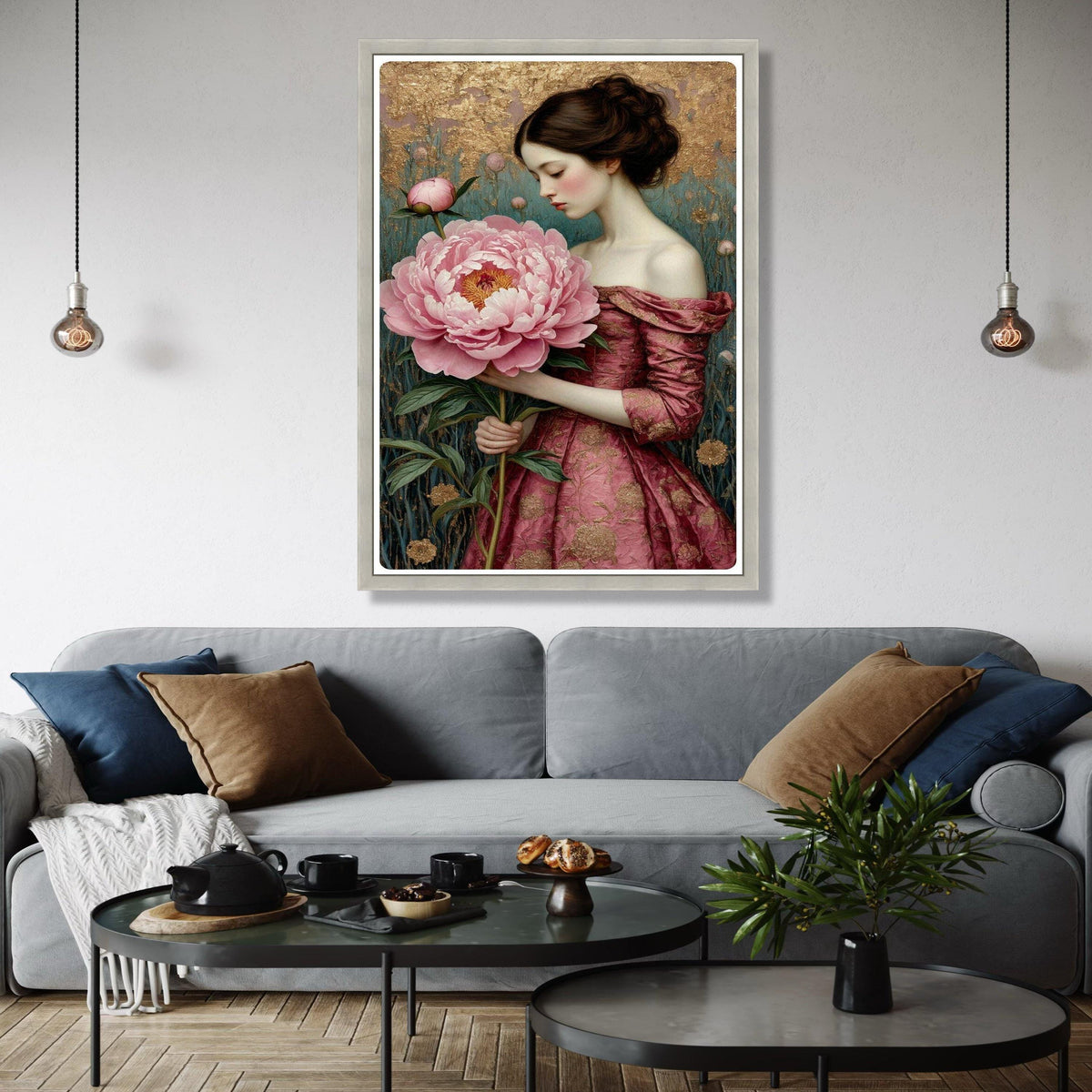 Elegant Woman with Giant Pink Peony, Romantic Floral Canvas, Vintage Style Portrait Wall Art, Home Decoration Gift Art, Home Decor, Print