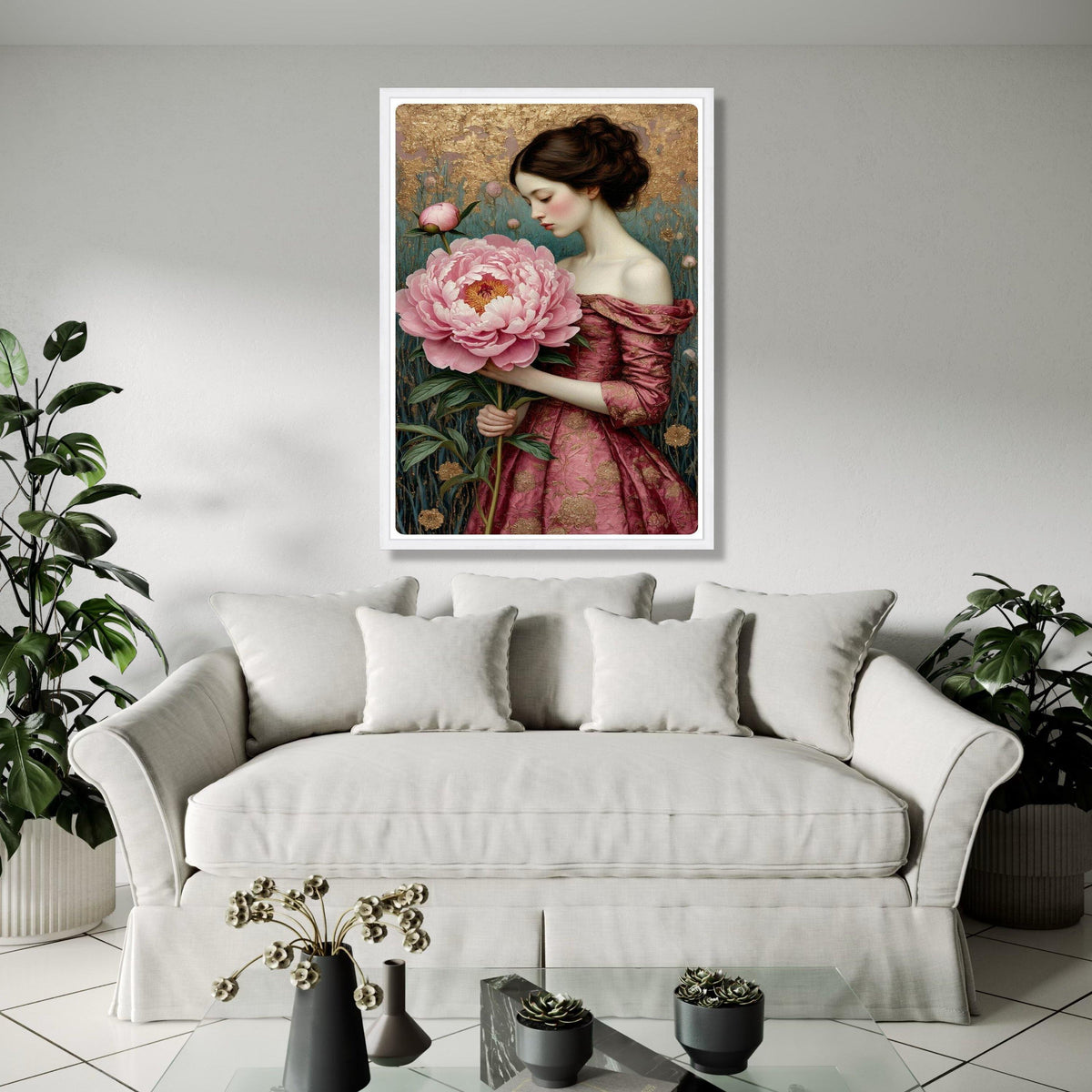Elegant Woman with Giant Pink Peony, Romantic Floral Canvas, Vintage Style Portrait Wall Art, Home Decoration Gift Art, Home Decor, Print