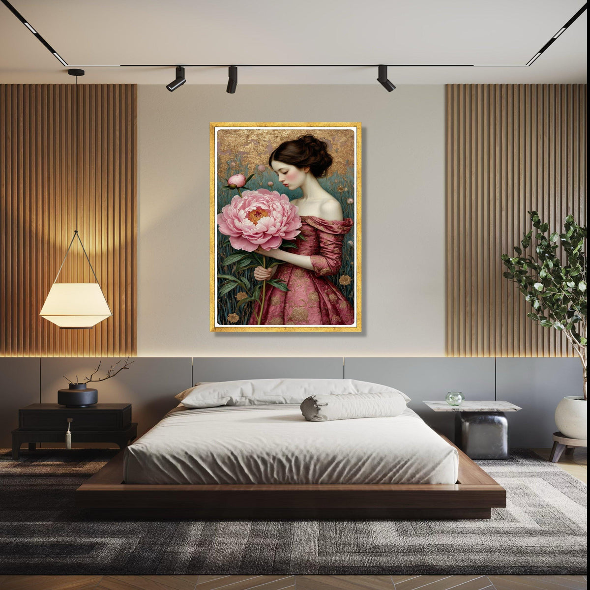 Elegant Woman with Giant Pink Peony, Romantic Floral Canvas, Vintage Style Portrait Wall Art, Home Decoration Gift Art, Home Decor, Print