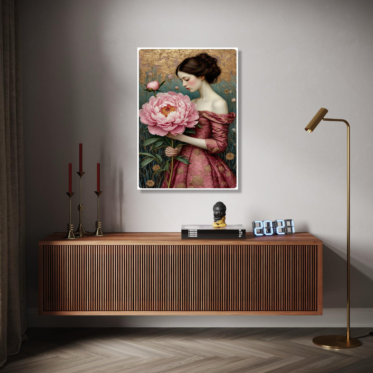 Elegant Woman with Giant Pink Peony, Romantic Floral Canvas, Vintage Style Portrait Wall Art, Home Decoration Gift Art, Home Decor, Print