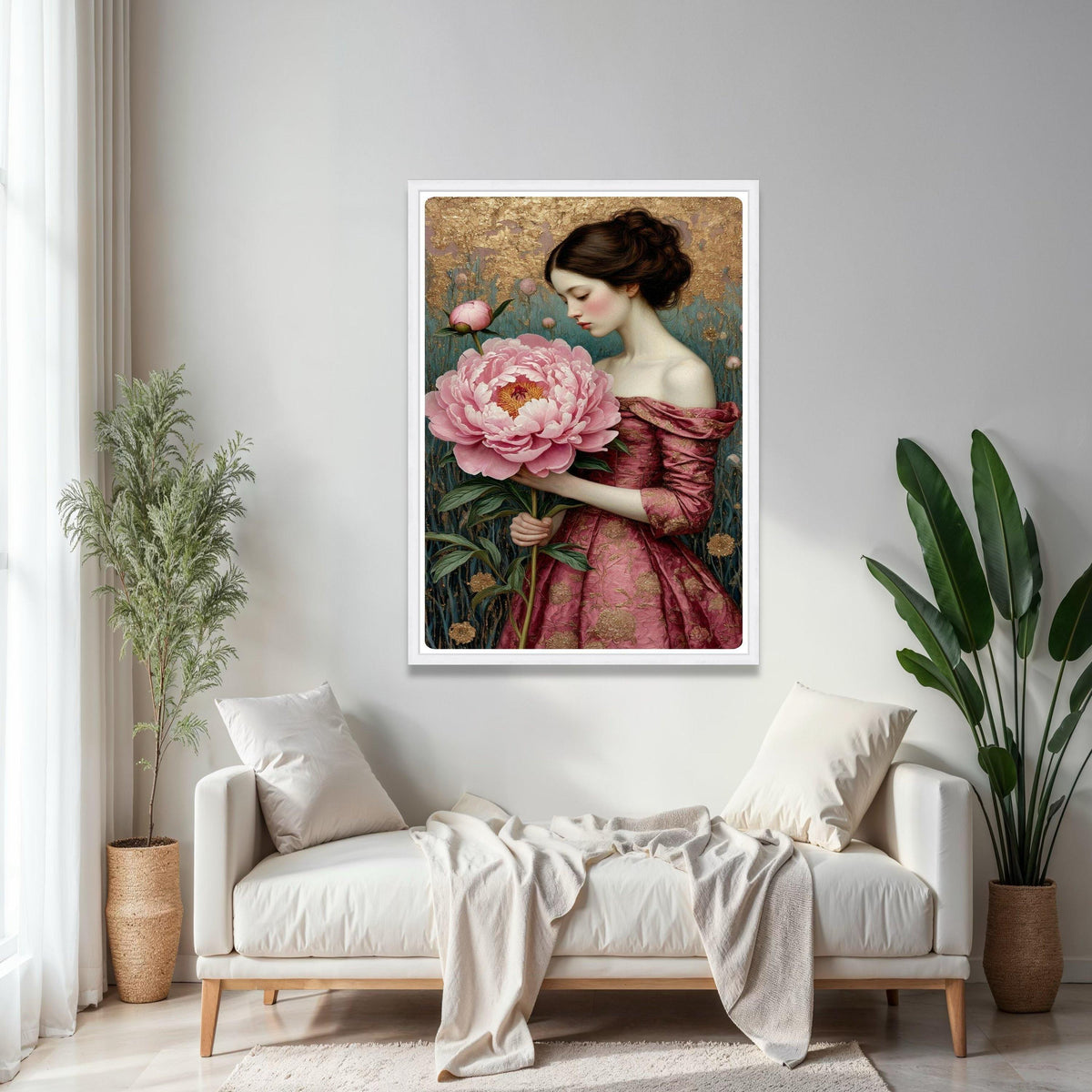 Elegant Woman with Giant Pink Peony, Romantic Floral Canvas, Vintage Style Portrait Wall Art, Home Decoration Gift Art, Home Decor, Print