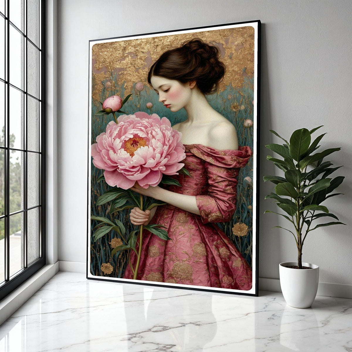 Elegant Woman with Giant Pink Peony, Romantic Floral Canvas, Vintage Style Portrait Wall Art, Home Decoration Gift Art, Home Decor, Print