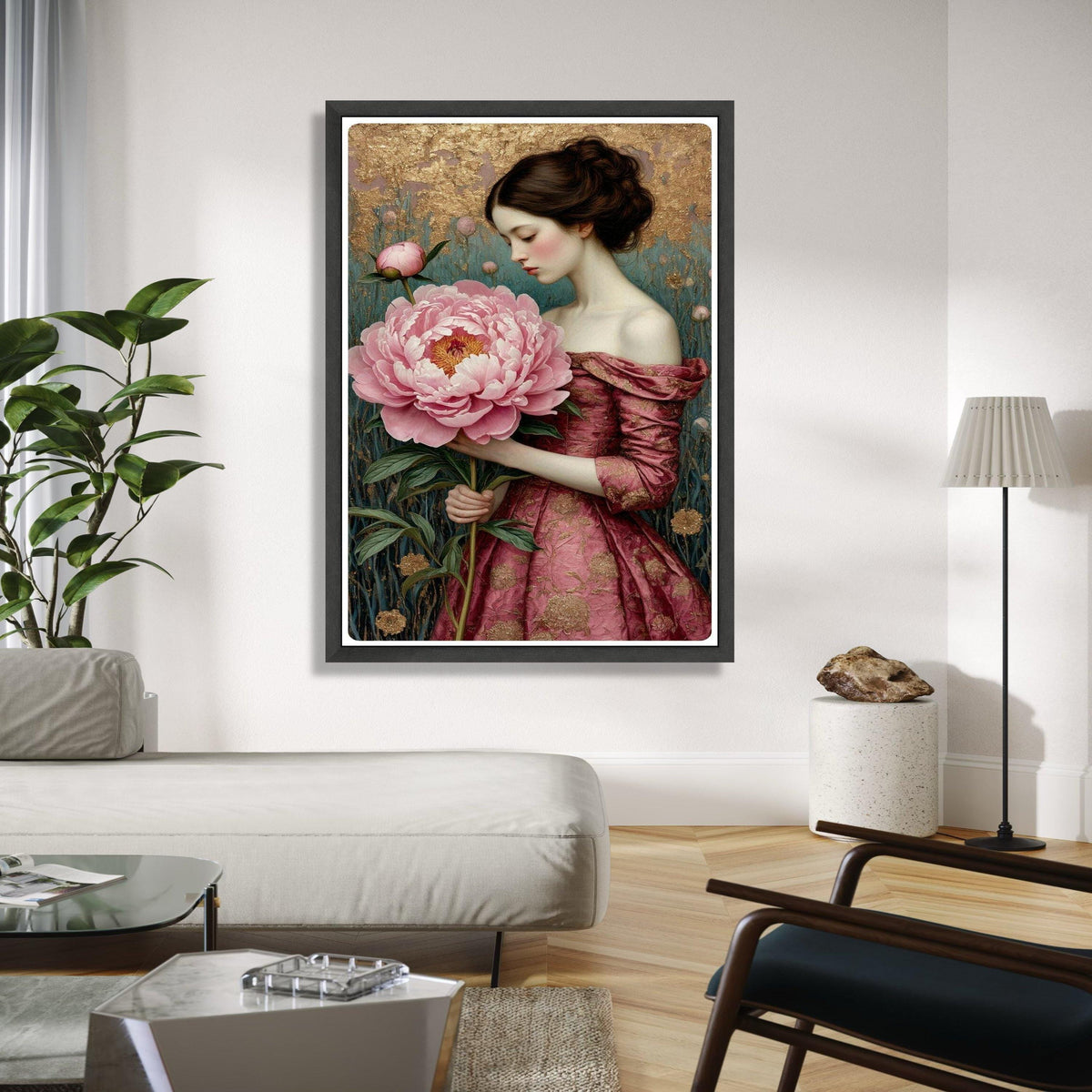 Elegant Woman with Giant Pink Peony, Romantic Floral Canvas, Vintage Style Portrait Wall Art, Home Decoration Gift Art, Home Decor, Print